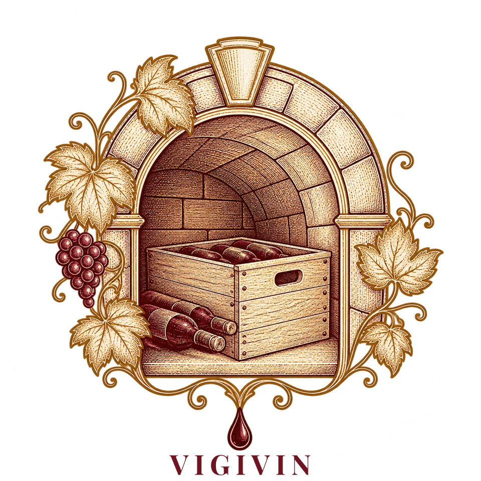 Blason Vigivin : niche voûtée en pierre abritant des bouteilles de vin couchées et une caisse en bois, encadrée de pampres